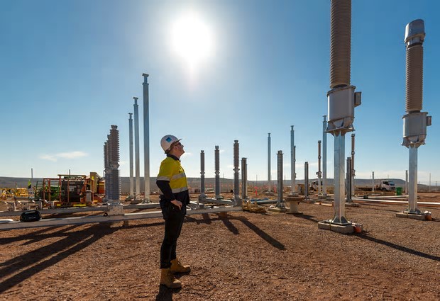 A worker, Ben Williams, inspects the interconnector under construction to service the Lincoln Gap wind farm. Photograph: The Guardian